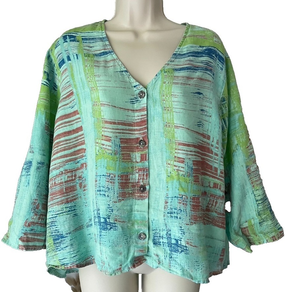 Click Color Me Cotton Linen Blouse XL Aqua Abstract Print Made USA
